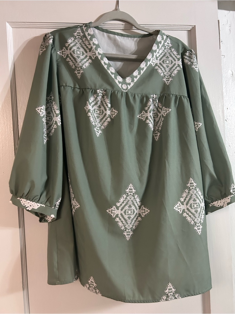 Faux Embroidered V-Neck Peasant Silk Blouse - Sage Green